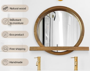 Walnut mirror with shelf, Round mirror, Wood mirror wall decor, Circle mirror with shelf, Floating shelf, Wooden Circle Frame Mirror