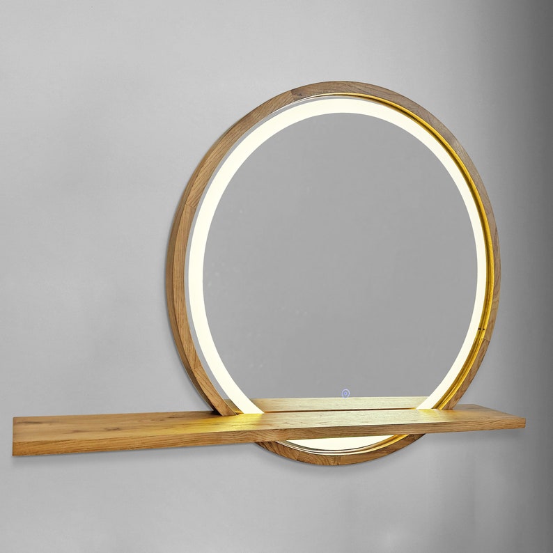 Espejo LED circular con estante
