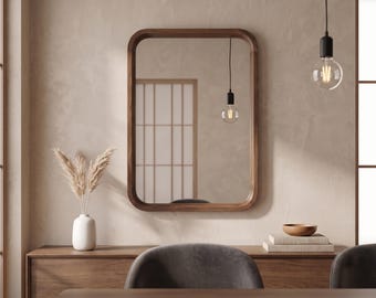 Walnut Rectangle Wood Mirror Japandi Wall Decor Mid Century Modern Framed Large Wooden Hallway Entryway Vanity Aesthetic Minimalist Home
