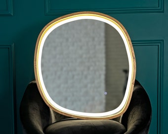 Asymmetrical antique bathroom LED mirror, Irregular wood shape makeup mirror, LED Light, Smart mirror, Large Led Mirror Decorative