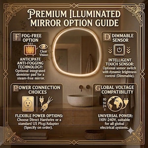 May include: An informational guide for a premium illuminated mirror featuring an irregular oval shape. The text details options including a fog-free demister pad, a dimmable touch sensor, flexible power connection choices, and global voltage compatibility.