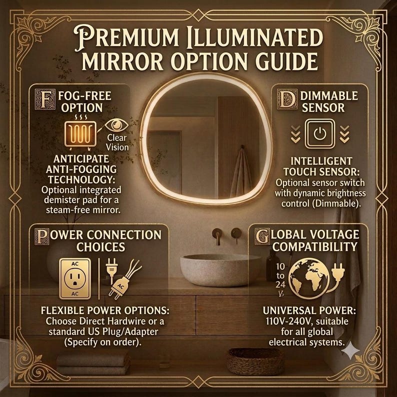 May include: An informational guide for a premium illuminated mirror featuring an irregular oval shape. The text details options including a fog-free demister pad, a dimmable touch sensor, flexible power connection choices, and global voltage compatibility.