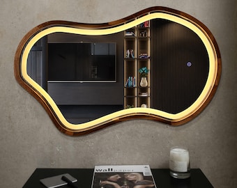 Miroir LED asymétrique, miroir de courtoisie rétro-éclairé irrégulier, miroir de maquillage éclairé pour coiffeuse, miroir esthétique moderne avec cadre en chêne
