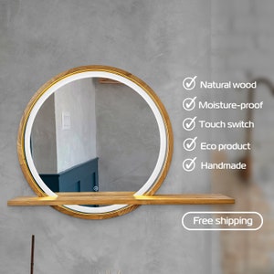 LED mirror with shelf, Round mirror, Wood mirror wall decor, Circle lighted mirror , Bathroom mirror, Wooden Framed Mirror, Vanity mirror