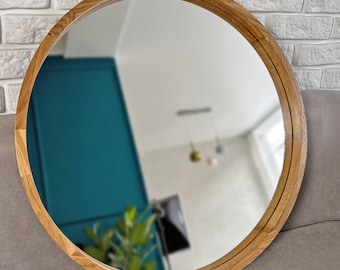 Round Bathroom Wooden Mirror, White Oak Mirror, Mirror Wall Decor, Modern Organic Walnut Wall Mirror, Makeup Organic Mirror