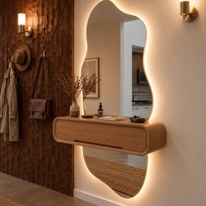 Op de afbeelding: Een aan de muur gemonteerde zwevende consoletafel van licht hout met een enkele lade, geplaatst onder een grote, onregelmatig gevormde spiegel met geïntegreerde LED-achtergrondverlichting die een warme gloed op het muuroppervlak werpt.