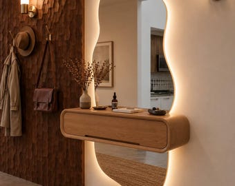 Full Length Asymmetric LED Mirror Floating Console Table Irregular Wavy Lighted Mirror Floating Vanity Entryway Decor Floating Shelf Wood