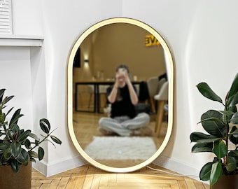 Large Oval Wooden Smart Mirror, LED Light, Oak Vanity mirror, Walnut Decorative Mirror