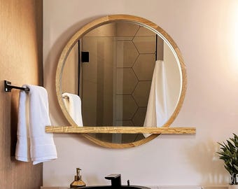 Mirror With Shelf, Wooden Shelf Mirror, Vanity Console Mirror, Aesthetic Mirror Wall Decor, Circle Mirror With Shelf, Entryway Shelf