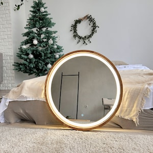 Round LED mirror, Wood mirror, LED Light, Bathroom mirror, Makeup mirror, Vanity mirror lights, Smart mirror, Led vanity mirror image 2