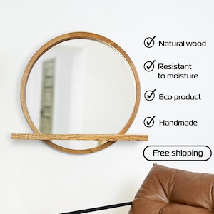 Round Mirror With Shelf, Wooden Console Mirror, Aesthetic Mirror Wall Decor, Circle Mirror With Shelf, Entryway Console Shelf
