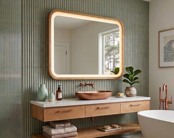 Square LED Bathroom Mirror with Rounded Corners, Backlit Wooden Frame Vanity Mirror, Organic Modern Wall Decor, Custom Size Lighted Mirror