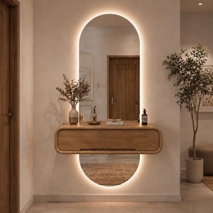 Op de afbeelding: Een aan de muur gemonteerde console van lichtgekleurd hout met één lade, geplaatst voor een hoge, ovale spiegel met geïntegreerde led-achtergrondverlichting die een zachte, warme gloed op de muur werpt.