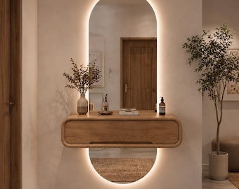 Tall Oval Full Body LED Mirror Hanging Wood Sideboard Warm Ambient Glow Hallway Dressing Table Minimalist Home Accent Soft Corner Furniture