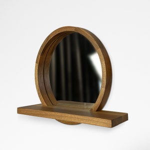 Round Walnut Mirror With Shelf, Walnut Mirror Wall Decor, Floating Shelf, Circle Mirror With Shelf, Entryway Mirror, Wooden Framed Mirror