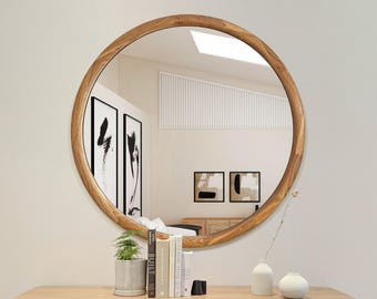 Round Wooden Mirror, White Oak Mirror, Mirror Wall Decor, Modern Vanity Walnut Mirror, Makeup Mirror, Bedroom mirror, Handmade Mirror