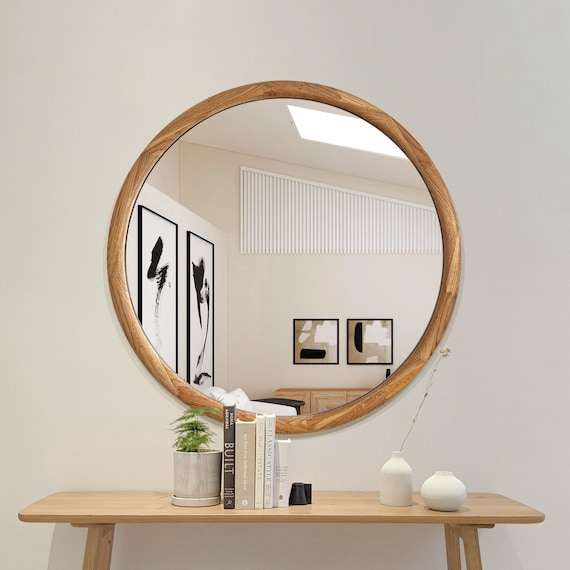 Round Wooden Mirror, White Oak Mirror, Mirror Wall Decor, Modern Vanity Walnut Mirror, Makeup Mirror, Bedroom mirror, Handmade Mirror