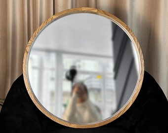 Round bathroom wood mirror, Mirror wall decor, Modern organic white oak wall mirror, Makeup wooden mirror