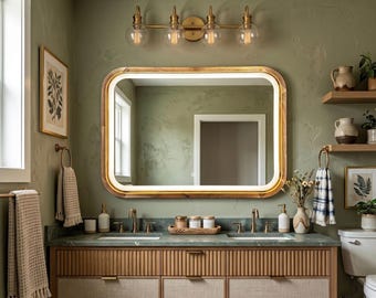 Wood Frame LED Bathroom Mirror with Anti Fog, Rounded Rectangle Backlit Vanity Mirror, Modern Wooden Frame Wall Mirror, Custom Size
