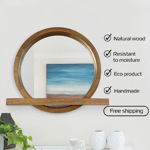 Round wooden mirror with shelf, Wood mirror wall decor, Floating shelf, Circle mirror with shelf, Walnut mirror, Wooden Circle Frame Mirror
