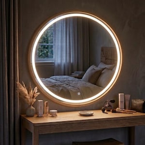 May include: A large, circular wall mirror with a light-colored wooden frame and an integrated LED ring light that emits a bright, white glow. The mirror is mounted above a wooden vanity table, reflecting a bedroom interior with a bed and window.