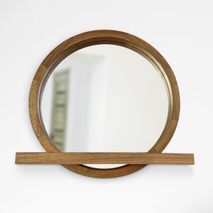 Walnut Mirror With Shelf, Round Mirror, Wood Mirror Wall Decor, Circle Console Mirror, Floating Shelf, Wooden Entryway Framed Mirror