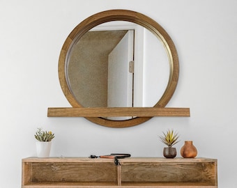 Round mirror with shelf, Walnut mirror wall decor, Floating shelf, Circle mirror with shelf, Walnut mirror, Wooden Circle Frame Mirror