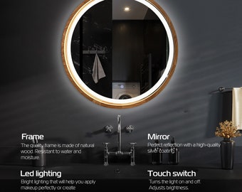 Round LED mirror, Wood mirror, LED Light, Bathroom mirror, Makeup mirror, Vanity mirror lights, Smart mirror, Led vanity mirror