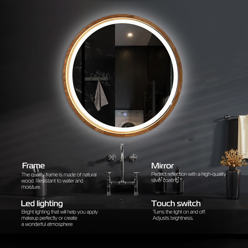 May include: A round wall mirror featuring a natural wood frame and integrated LED lighting. The mirror includes a touch switch for brightness control and power. The text on the image highlights features including a natural wood frame, high-quality silver coating, LED lighting, and a touch switch for light adjustment.