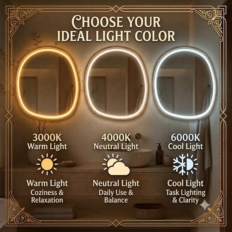 May include: Three oval mirrors with integrated LED lighting are displayed, showing color temperature options: 3000K warm light, 4000K neutral light, and 6000K cool light. The text CHOOSE YOUR IDEAL LIGHT COLOR is at the top with icons for each setting.