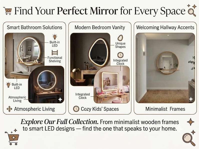 May include: A collection of mirrors featuring round, square, and irregular shapes with built-in LED lighting, integrated clocks, and wooden shelving. The text reads: Find Your Perfect Mirror for Every Space, Smart Bathroom Solutions, Modern Bedroom Vanity, Welcoming Hallway Accents, Atmospheric Living, Cozy Kids' Spaces, Minimalist Frames, Explore Our Full Collection.