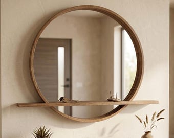 Large round mirror with shelf Mid Century modern walnut wood frame circular wall decor Console floating vanity shelf Entryway hanging mirror