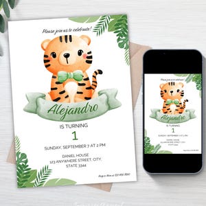 tiger invitation, baby tiger invitation, baby tiger invitation for first birthday, editable tiger Safari Birthday Invitation