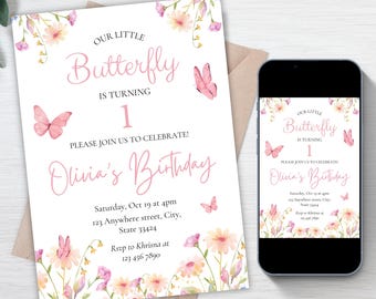 Butterfly Invitation, Butterfly 1st Birthday Invitation, Butterfly birthday invitation girl, Butterflies with wildflowers invite