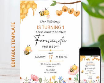 bee flower invitation, little honey bee invitation, Invitation to the bee's first birthday, bee invitation