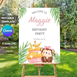 Editable welcome sign monkey birthday party, monkey welcome sign for girl, editable monkey welcome sign for girl