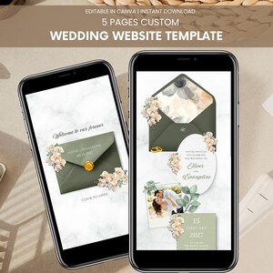 Puede incluir: Dos smartphones que muestran una plantilla de sitio web de bodas. La plantilla presenta un diseño de sobre verde oliva con detalles florales y el texto "Welcome to our forever". El segundo teléfono muestra una invitación de boda con los nombres Oliver y Evangeline.