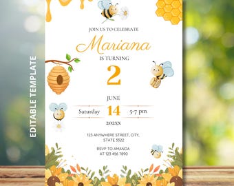 Bee invitation, bee invitation, birthday bee invitation, editable bee invitation, bee invitation