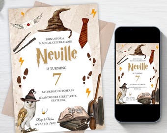Editable birthday invitation of wizards and witches, Magical birthday invitation, wizard invitation, witches invitation