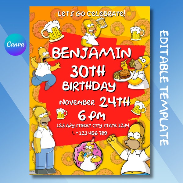 l'invitation simpson, homer simpson, invitation homer, invitation numérique, les simpson, modèle modifiable, la fête simpson