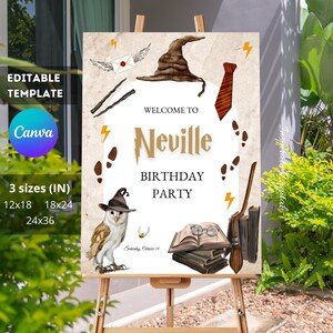 May include: A party welcome sign on an easel with a wizard theme. The sign features a brown wizard hat, a tie, a broom, and an owl wearing a hat. The text reads "Welcome to Neville Birthday Party". The sign is available in 3 sizes: 12x18, 18x24, and 24x36 inches.