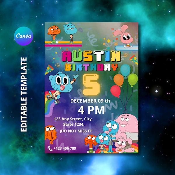 invitation the amazing world of gumball, the amazing world of gumball, gumball invitation, invitation for children, printable