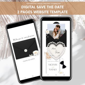 Puede incluir: Dos smartphones que muestran una invitación de boda digital. Uno muestra un sobre negro con el texto "Welcome to our forever" y "Click to Open". El otro presenta una foto, un diseño de "Save the Date" en forma de corazón y los nombres "Vicente y Nataly".