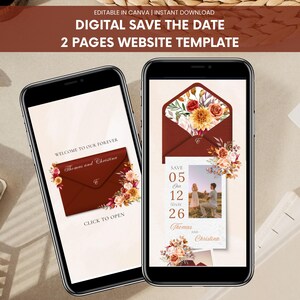 Może przedstawiać: Dwa smartfony wyświetlające cyfrowe zaproszenie ślubne "Save the Date". Projekt zawiera bordową kopertę z kwiatowymi akcentami oraz imiona "Thomas and Christina". Drugi ekran pokazuje zdjęcie i datę ślubu.