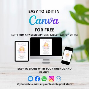 May include: A digital invitation design displayed on a tablet, computer monitor, and smartphone. The invitation features a watercolor illustration of a baby chick. Text includes "Easy to Edit in Canva for Free" and "Easy to Share with Your Friends and Family."
