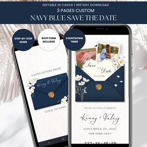 Puede incluir: Una plantilla digital de "save the date" en dos teléfonos inteligentes, con un sobre azul marino, un sello de cera dorado, detalles florales blancos y texto que incluye "Save Our Date", "Kenny & Valery" y el 23 de noviembre de 2027.