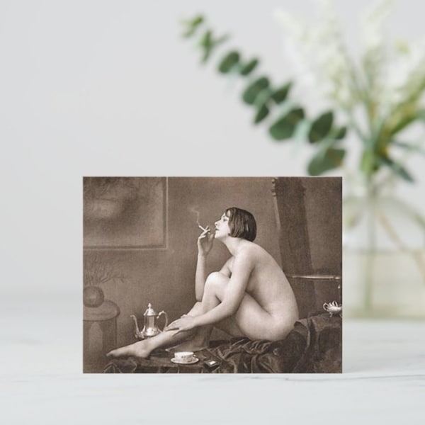 French Sexy Woman Brunette Risque Fetish Smoking Nude REPRO Vintage Z219588