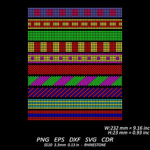 Könnte beinhalten: Ein Satz von 10 verschiedenen farbigen Strassstreifen, jeder mit einem einzigartigen Muster. Die Streifen bestehen aus kleinen, runden Strasssteinen in Rot, Blau, Grün, Gelb und Lila. Die Streifen sind 232 mm breit und 23 mm hoch. PNG EPS DXF SVG CDR SS10 3.3mm 0.13 in - RHINESTONE