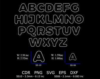 May include: A white alphabet in a dotted outline style. The letters are in uppercase and are in a rounded font. The letters are arranged in three rows. The letters A and SS-10 are shown in a smaller size below the alphabet. The letters A and SS-06 are shown in a smaller size below the alphabet. The text "CDR PNG SVG EPS DXF" is shown below the letters. The text "SS10 - 3.3mm - 0.13 inc" is shown below the letters. The text "SS06 - 2.1mm - 0.083 inc" is shown below the letters.