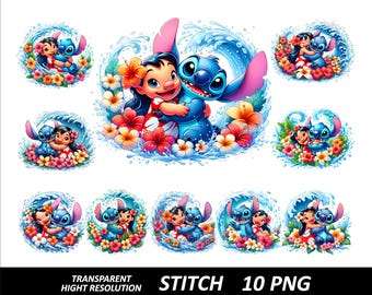 10 PNG Stitch Bundle Design High Quality Sublimation Digital Download Stitch T-Shirt Sublimation Design Stitch Clipart Hawaii Flowers Png